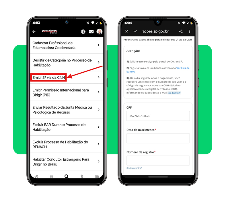 Interface de solicitação de segunda via da CNH no aplicativo