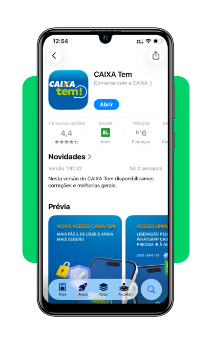Tela inicial da loja de aplicativos para download do CAIXA Tem
