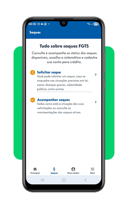 Menu de opções de saque no aplicativo FGTS