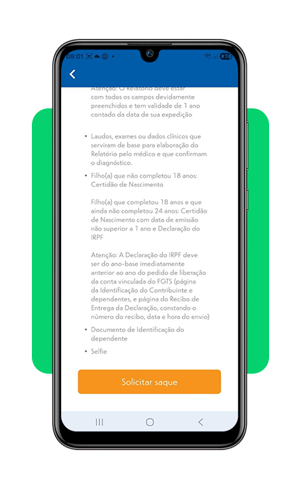 Tela de envio de documentos no aplicativo FGTS